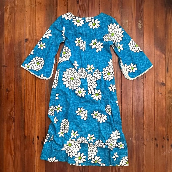 Vintage 1970s Polynesian Bazaar blue & white floral maxi dress w bell sleeves - Picture 2 of 4